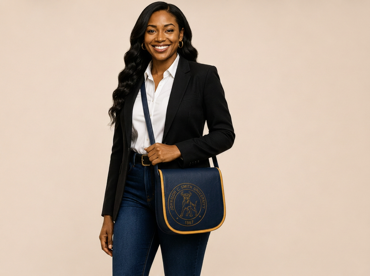 Alumna wearing the JCSU navy leather crossbody with gold trim and the Golden Bull seal